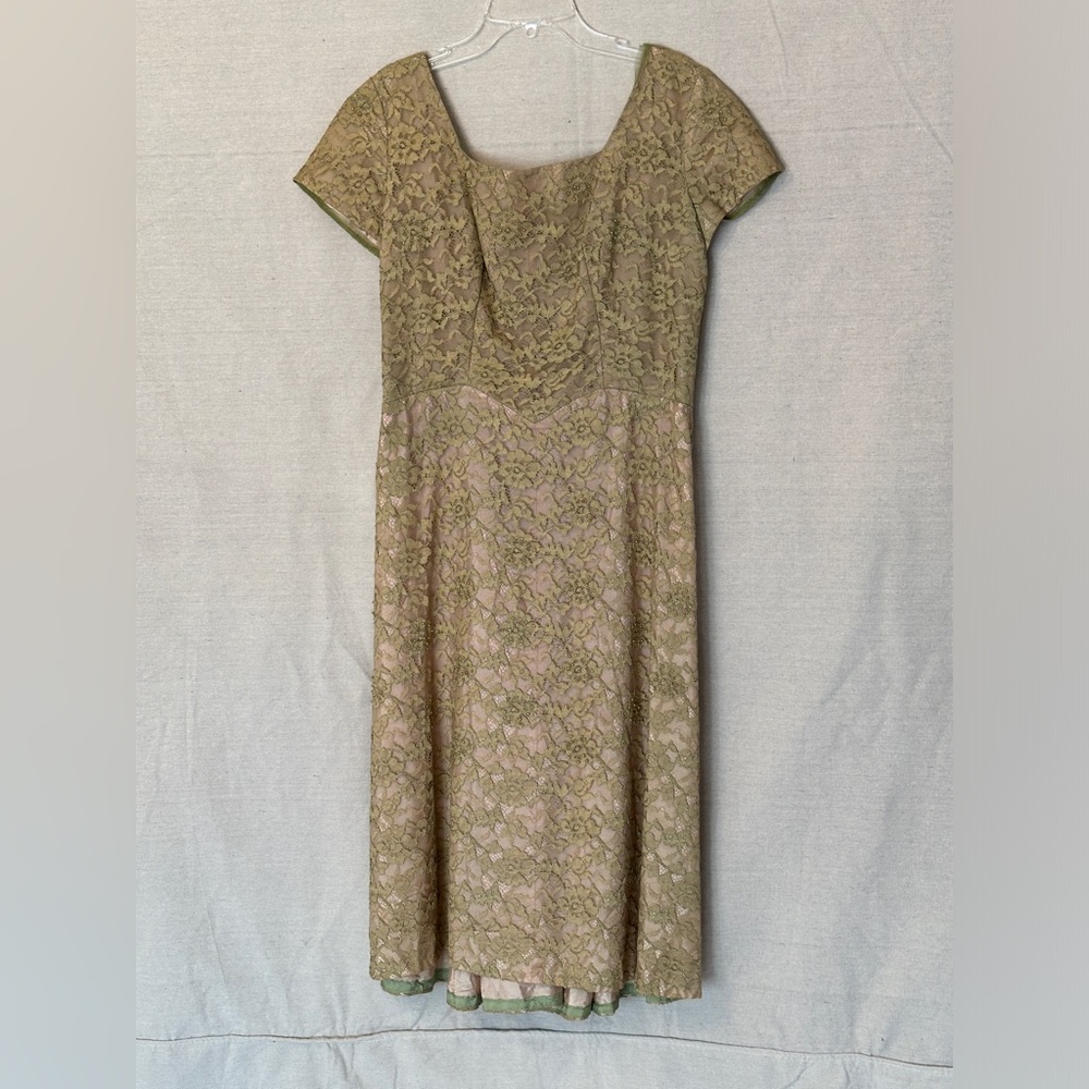 Vintage Gold & Tan Lace Dress With Beading Detail